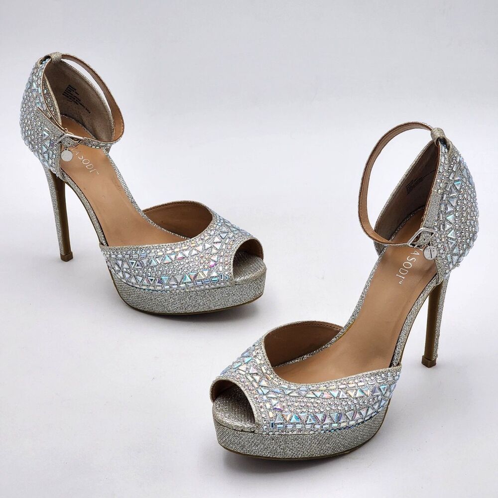 Thalia Sodi Chace Rhinestone Bling Peep Toe Platform Heels Glam Prom Size 8.5
